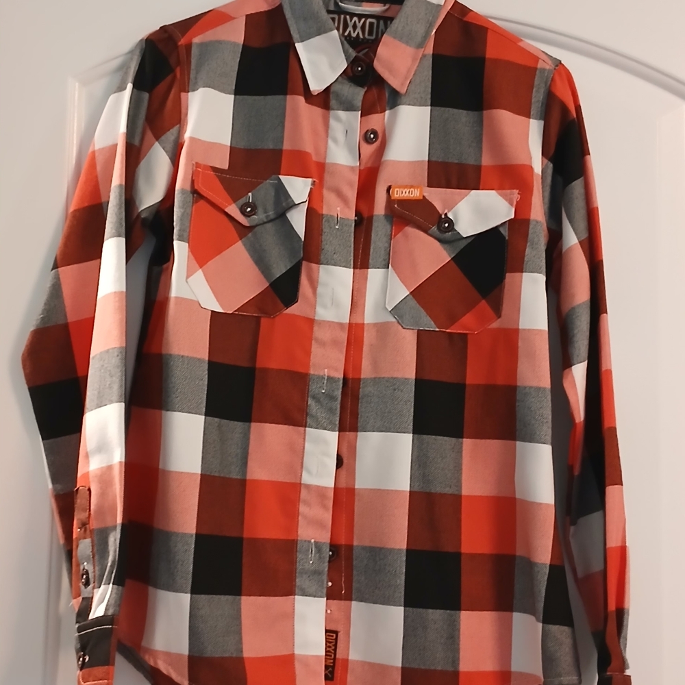 DIXXON Womens Orange, Black, and White Plaid Shirt